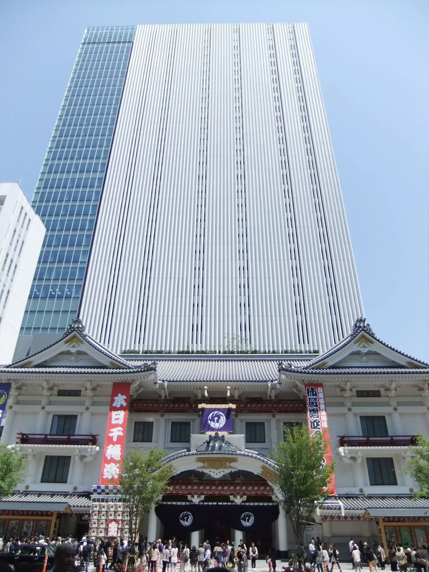 The traditional facade of the Kabukiza Theatre in Ginza, Tokyo, with its distinctive tiled roofline